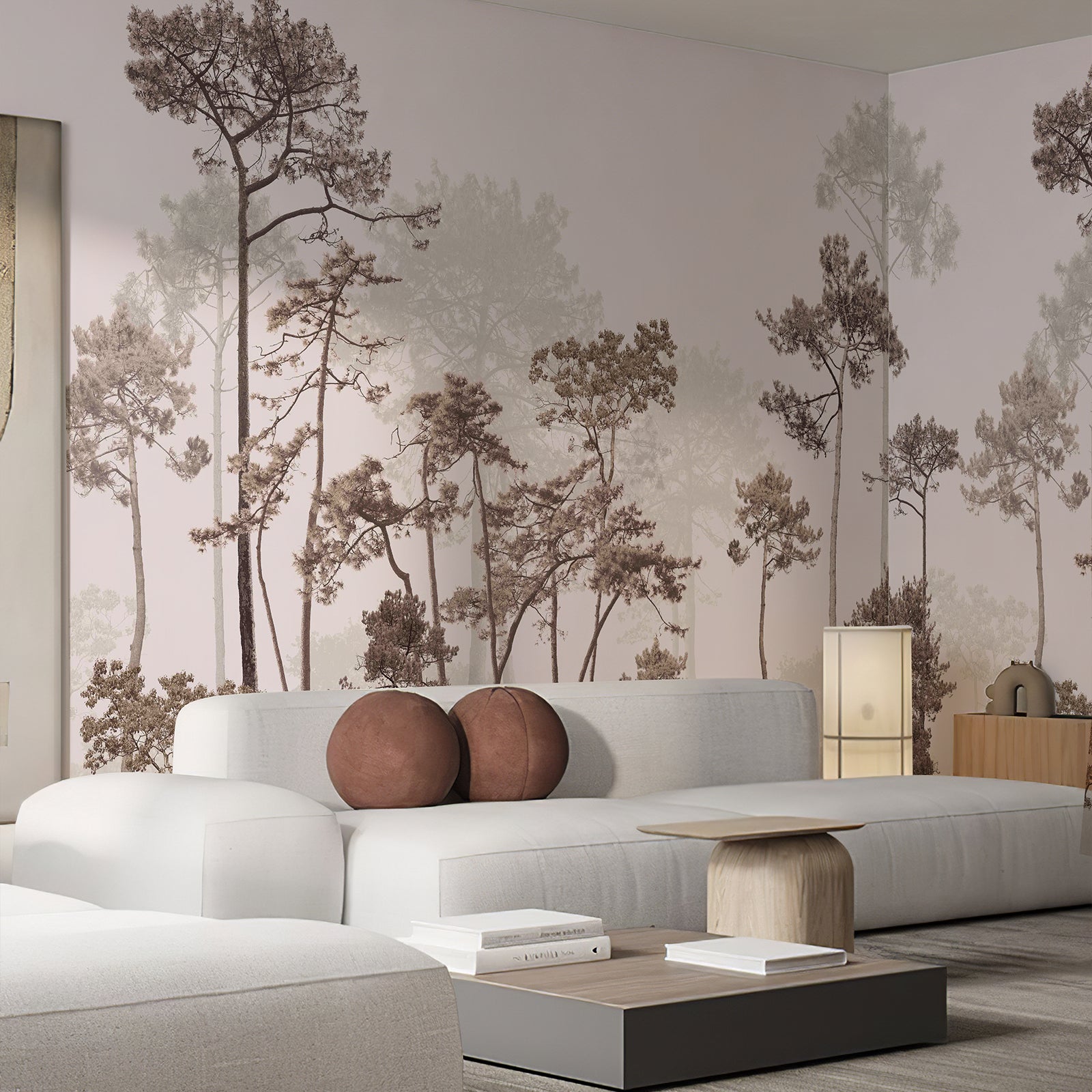 Misty forest wall mural behind a modern bed in a neutral bedroom
